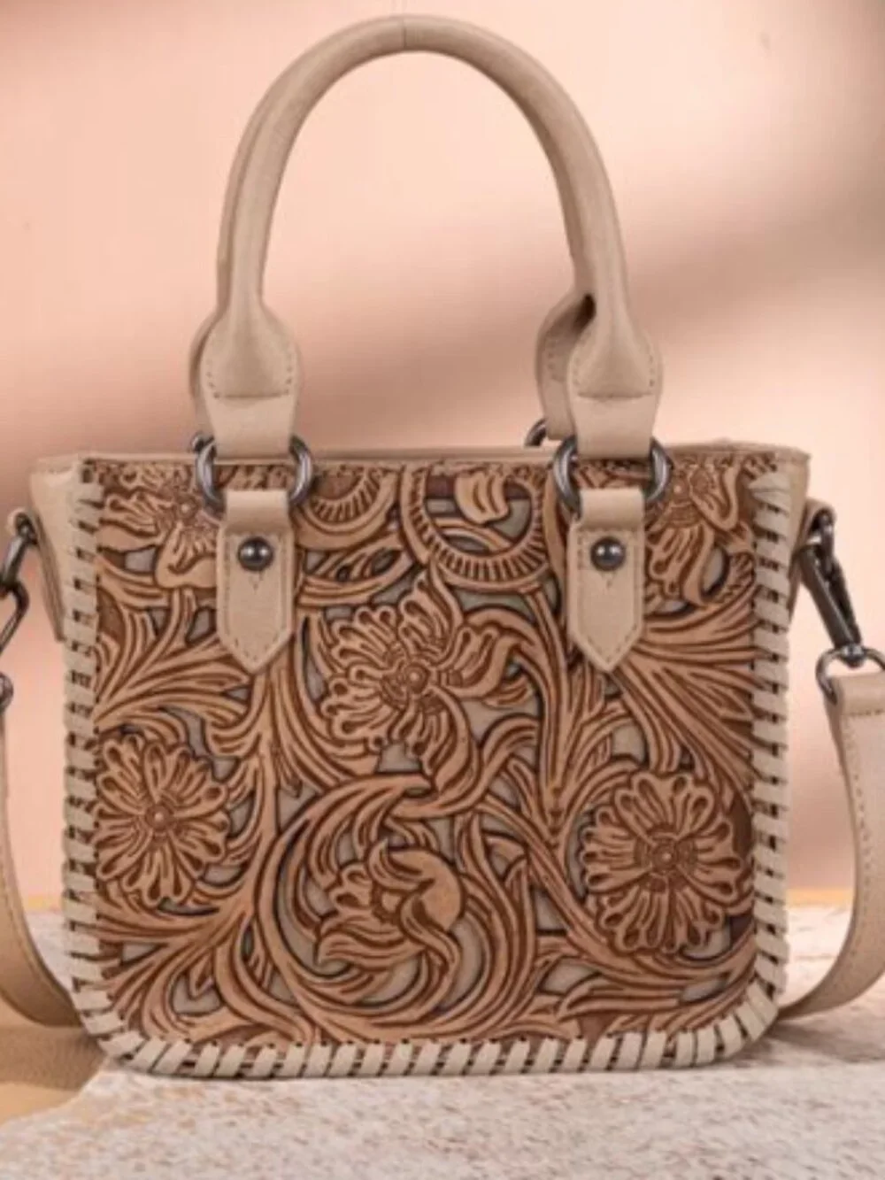Trinity Ranch Floreal Tooled Mini Tote Crossbody Tan NWT - Picture 1 of 4